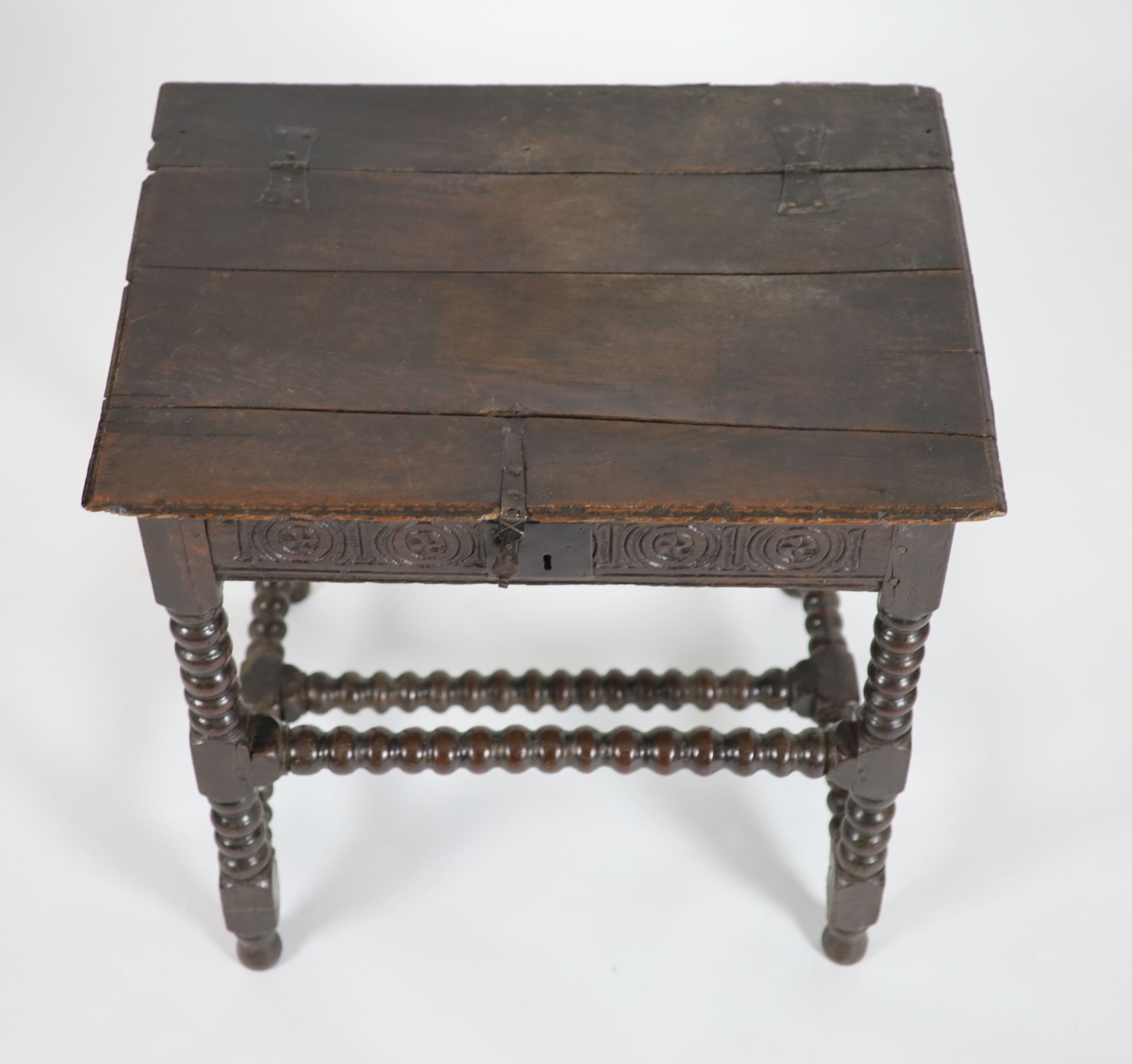 A Charles I joined oak box top table W 75cm. D 55cm. H 72cm.